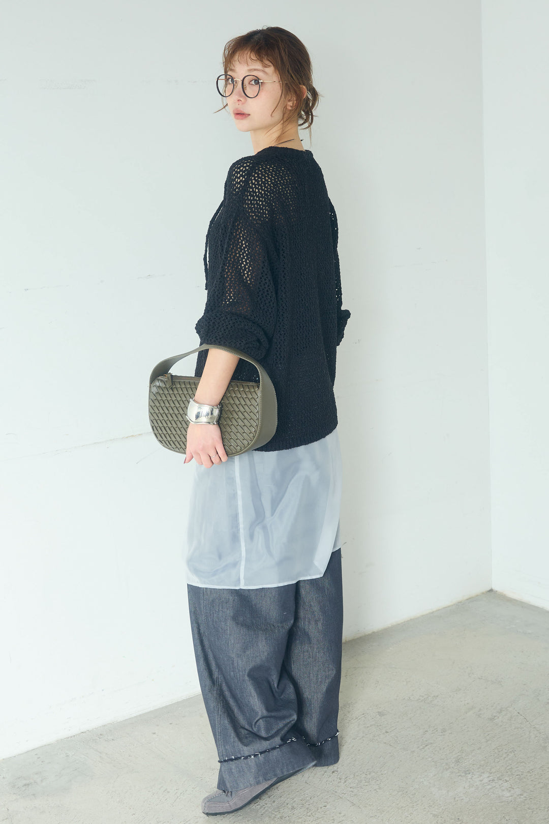 [SET]ミックスメッシュキーネックプルオーバー+シアーチュールレイヤードワイドパンツ(2set)