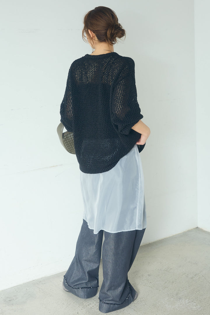 [SET]ミックスメッシュキーネックプルオーバー+シアーチュールレイヤードワイドパンツ(2set)