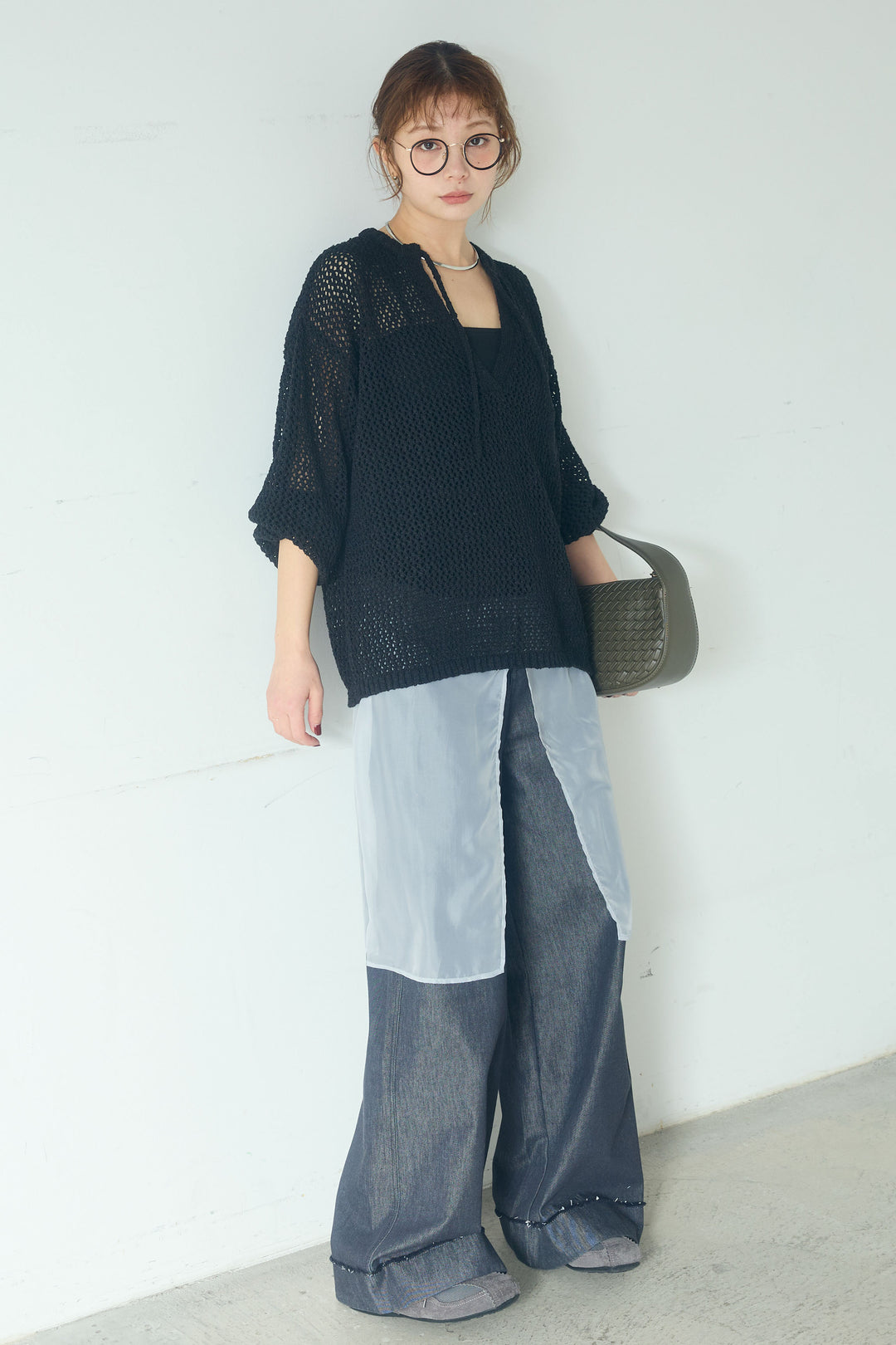 [SET]ミックスメッシュキーネックプルオーバー+シアーチュールレイヤードワイドパンツ(2set)