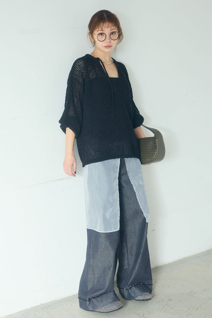 [SET]ミックスメッシュキーネックプルオーバー+シアーチュールレイヤードワイドパンツ(2set)
