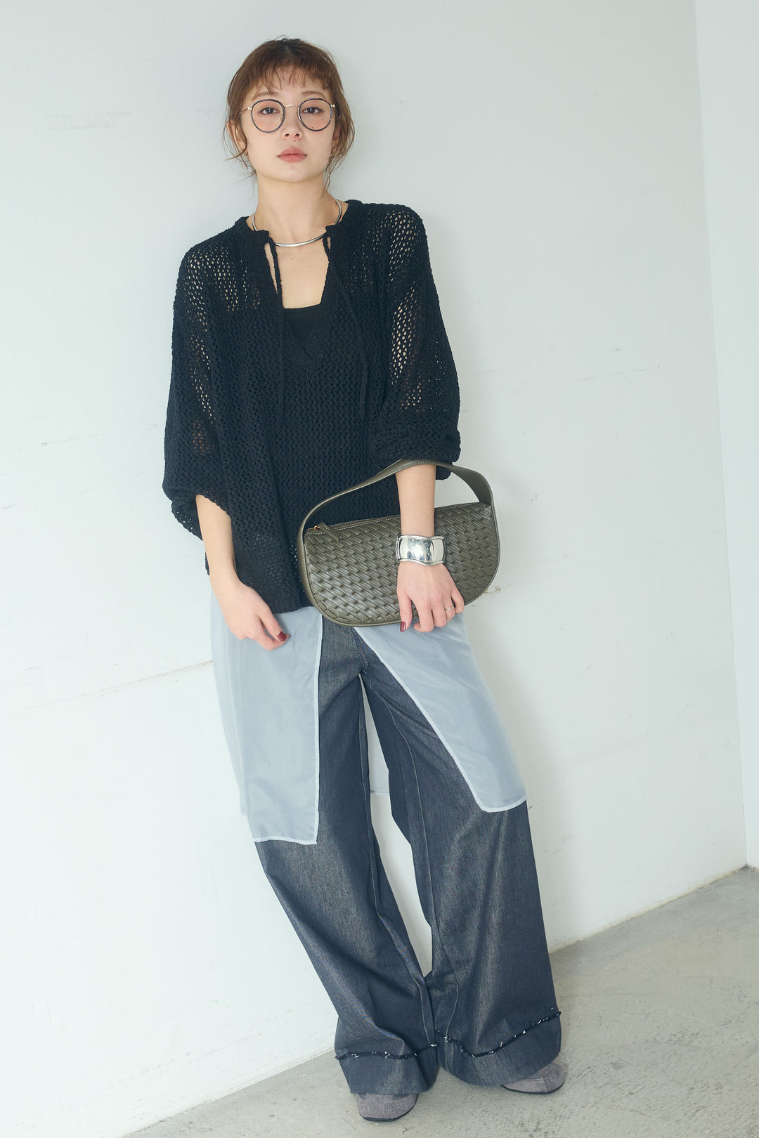 [SET]ミックスメッシュキーネックプルオーバー+シアーチュールレイヤードワイドパンツ(2set)