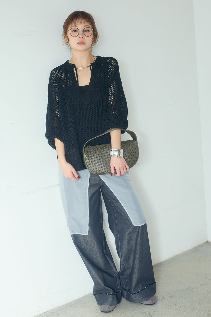 [SET]ミックスメッシュキーネックプルオーバー+シアーチュールレイヤードワイドパンツ(2set)