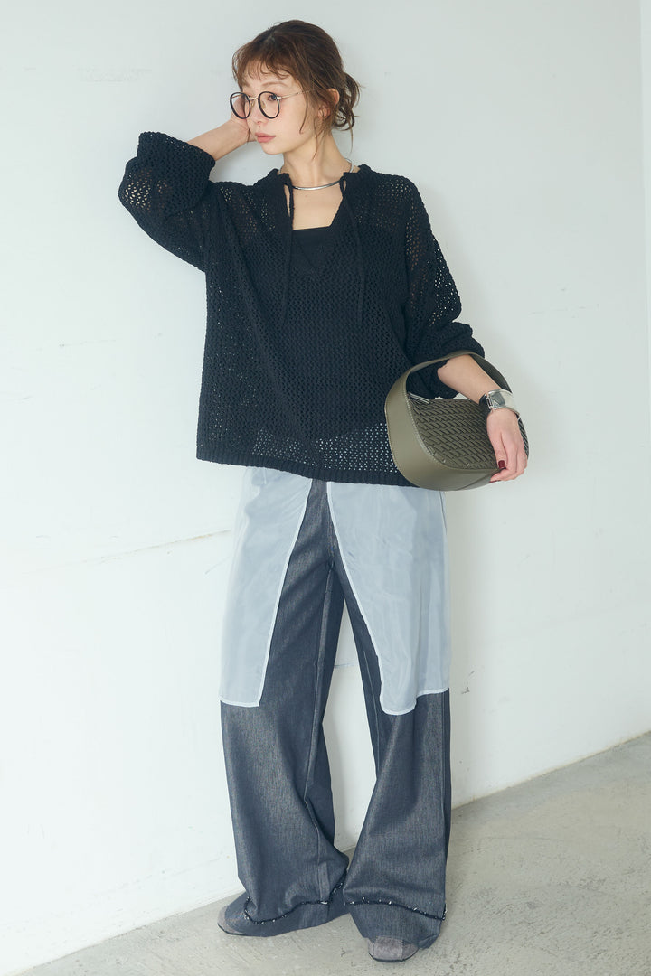 [SET]ミックスメッシュキーネックプルオーバー+シアーチュールレイヤードワイドパンツ(2set)