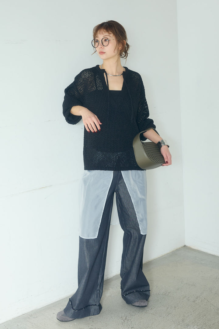 [SET]ミックスメッシュキーネックプルオーバー+シアーチュールレイヤードワイドパンツ(2set)