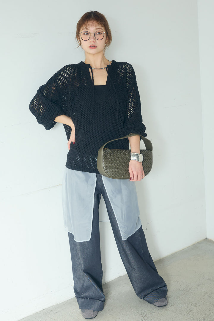 [SET]ミックスメッシュキーネックプルオーバー+シアーチュールレイヤードワイドパンツ(2set)