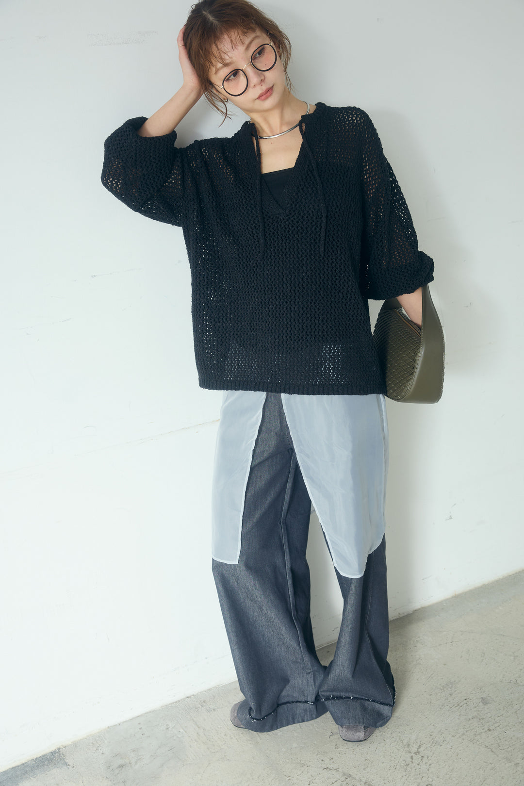 [SET]ミックスメッシュキーネックプルオーバー+シアーチュールレイヤードワイドパンツ(2set)