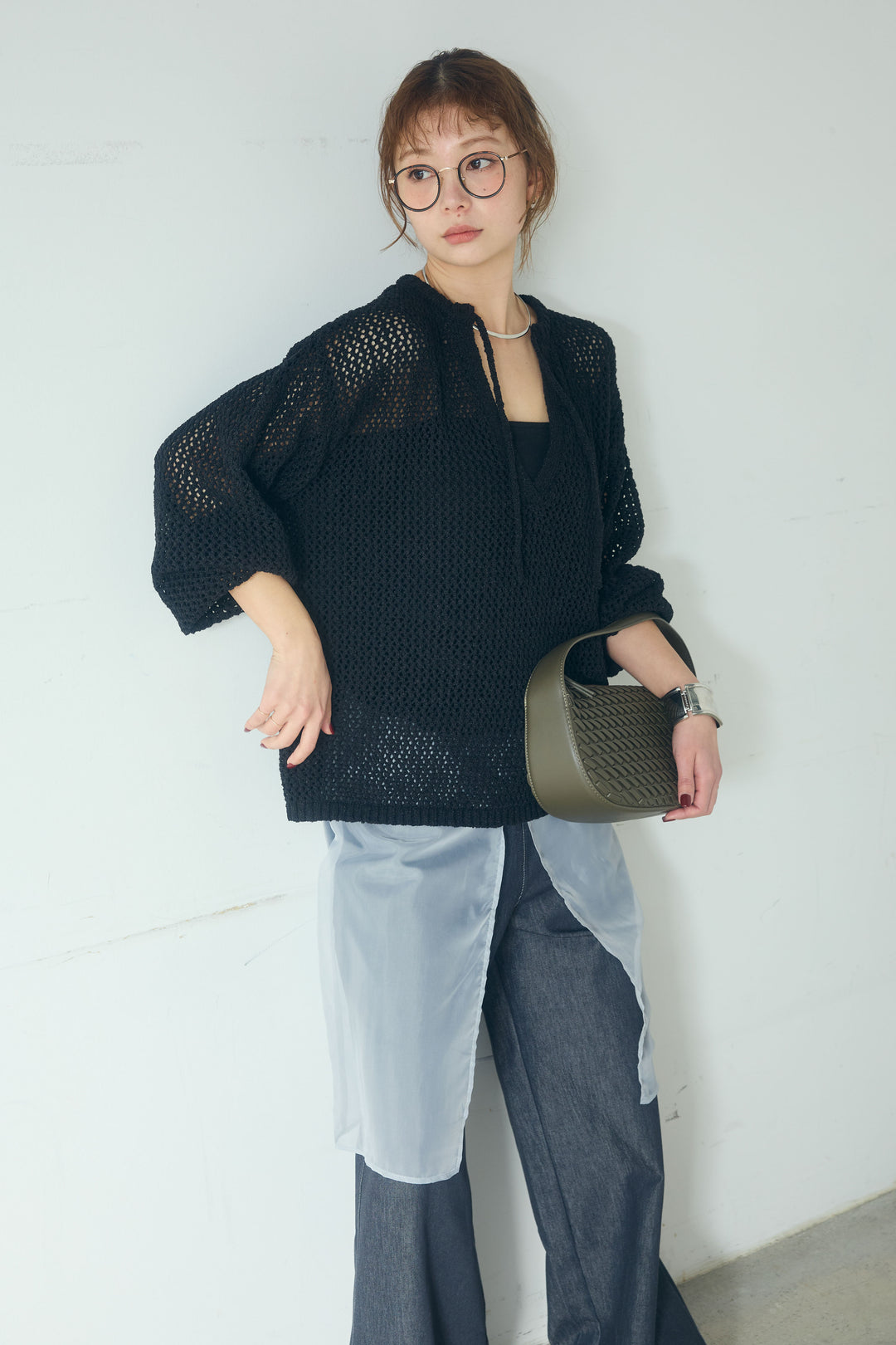 [SET]ミックスメッシュキーネックプルオーバー+シアーチュールレイヤードワイドパンツ(2set)