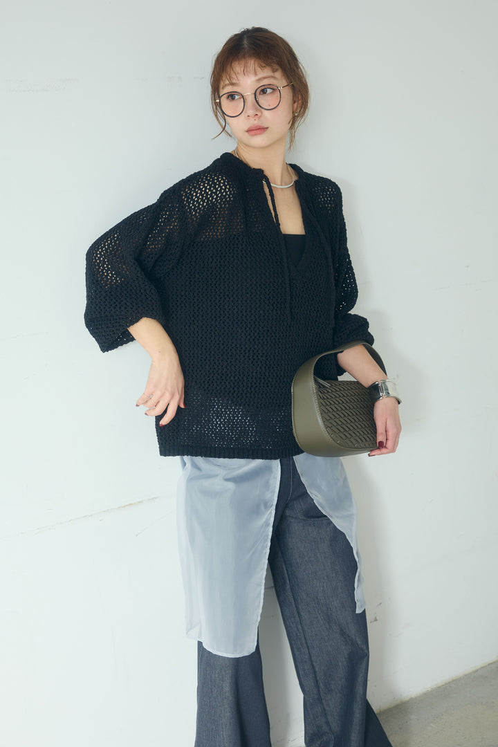 [SET]ミックスメッシュキーネックプルオーバー+シアーチュールレイヤードワイドパンツ(2set)