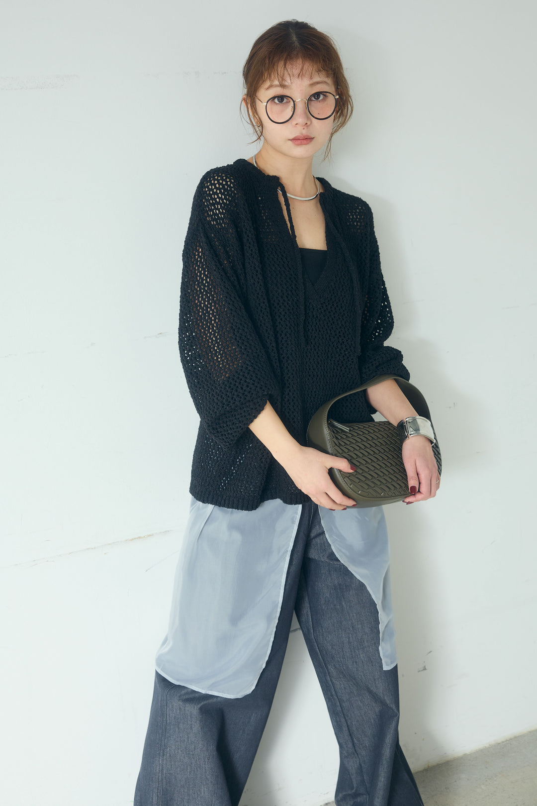 [SET]ミックスメッシュキーネックプルオーバー+シアーチュールレイヤードワイドパンツ(2set)