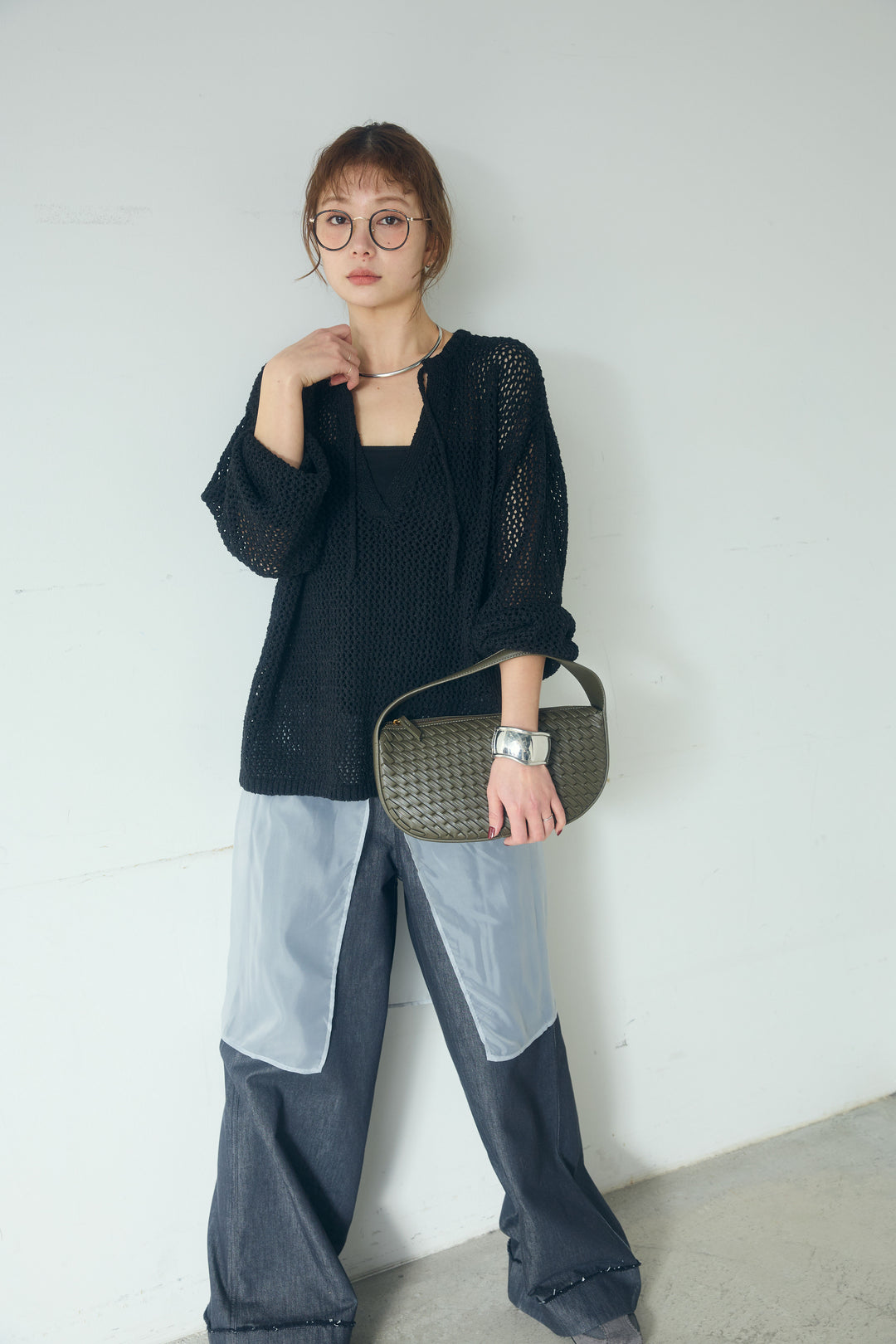 [SET]ミックスメッシュキーネックプルオーバー+シアーチュールレイヤードワイドパンツ(2set)