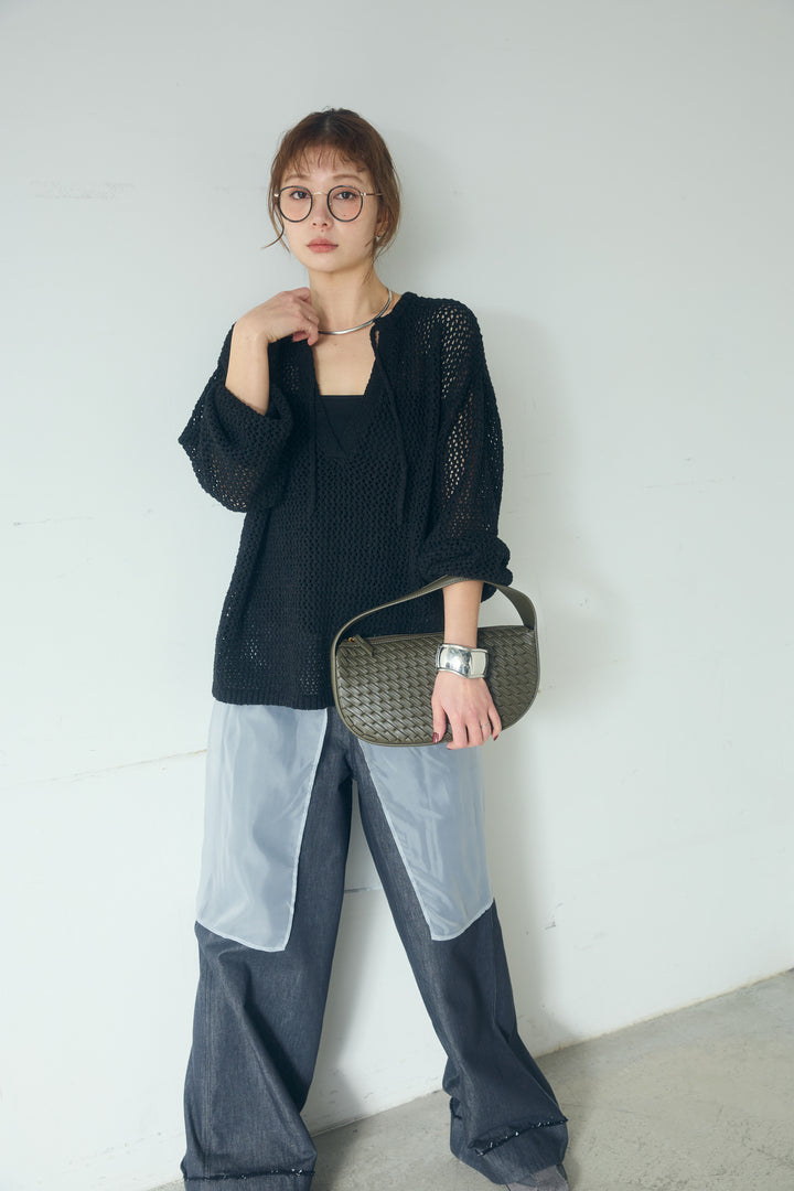 [SET]ミックスメッシュキーネックプルオーバー+シアーチュールレイヤードワイドパンツ(2set)