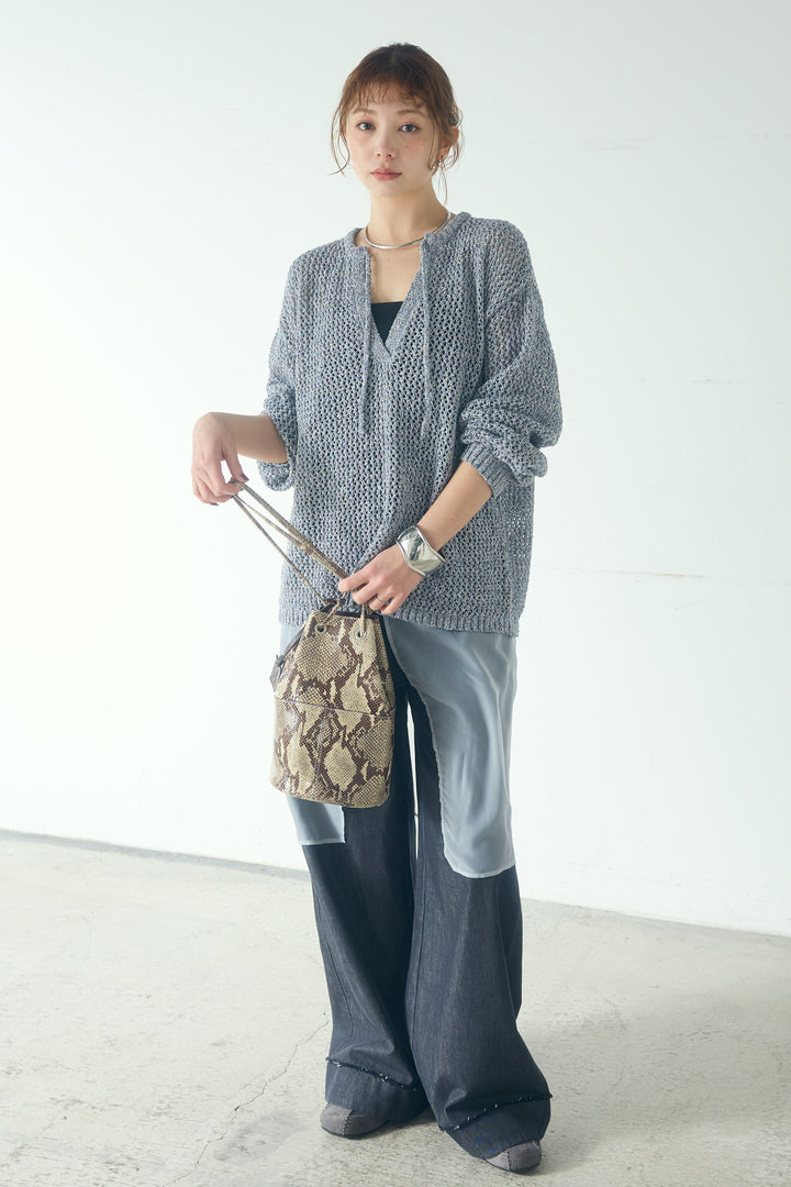 [SET]ミックスメッシュキーネックプルオーバー+シアーチュールレイヤードワイドパンツ(2set)