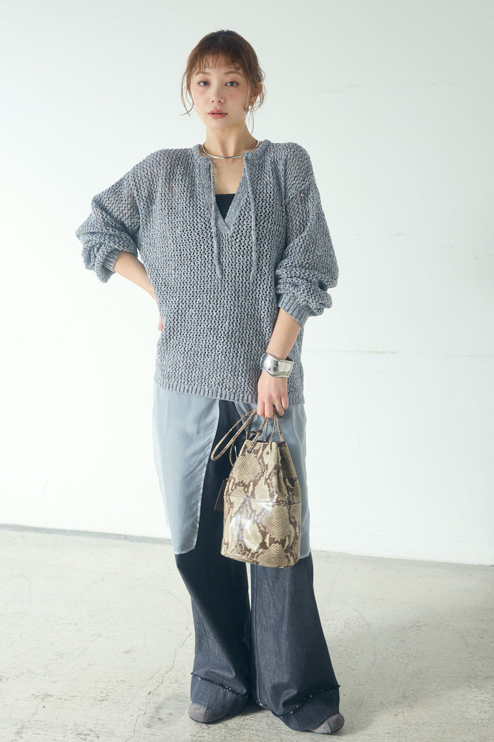 [SET]ミックスメッシュキーネックプルオーバー+シアーチュールレイヤードワイドパンツ(2set)