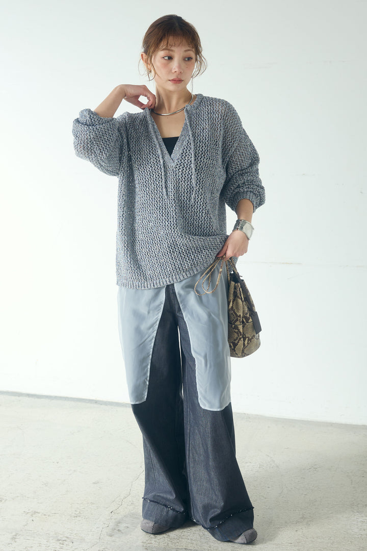 [SET]ミックスメッシュキーネックプルオーバー+シアーチュールレイヤードワイドパンツ(2set)