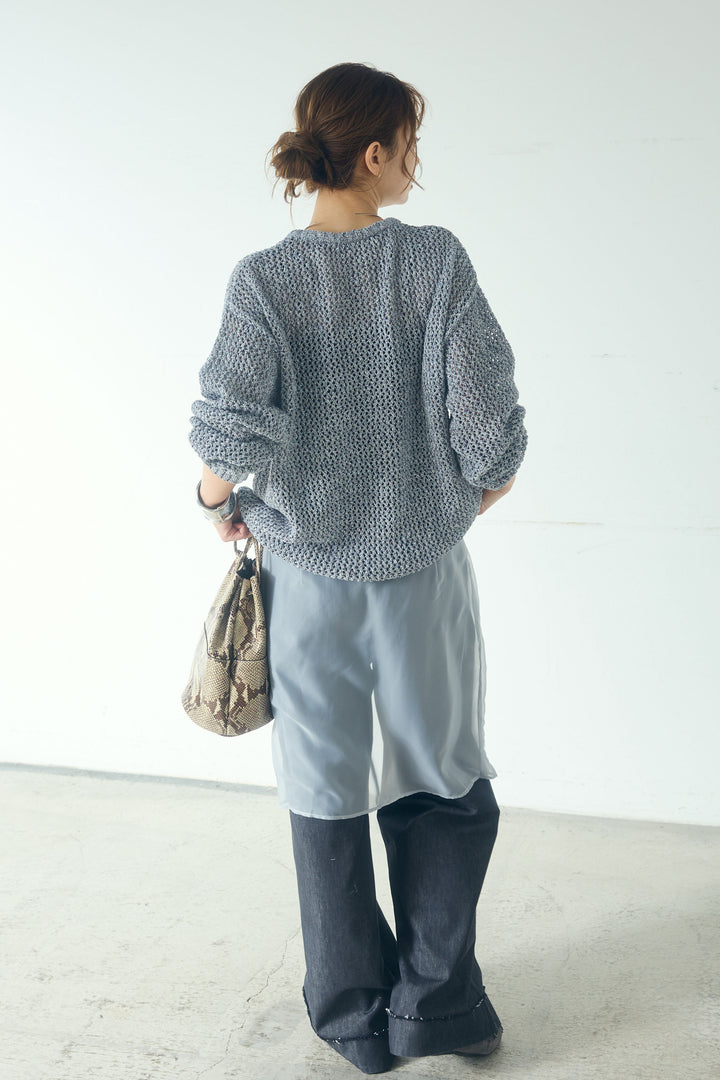 [SET]ミックスメッシュキーネックプルオーバー+シアーチュールレイヤードワイドパンツ(2set)