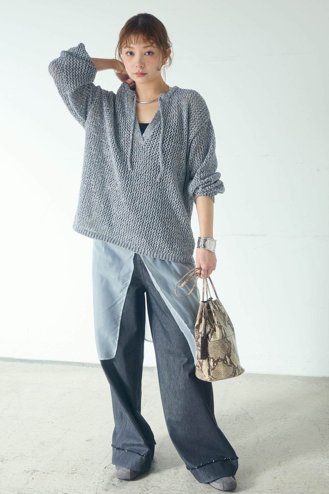 [SET]ミックスメッシュキーネックプルオーバー+シアーチュールレイヤードワイドパンツ(2set)