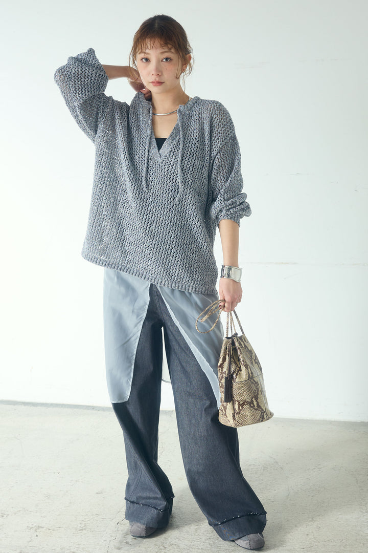 [SET]ミックスメッシュキーネックプルオーバー+シアーチュールレイヤードワイドパンツ(2set)
