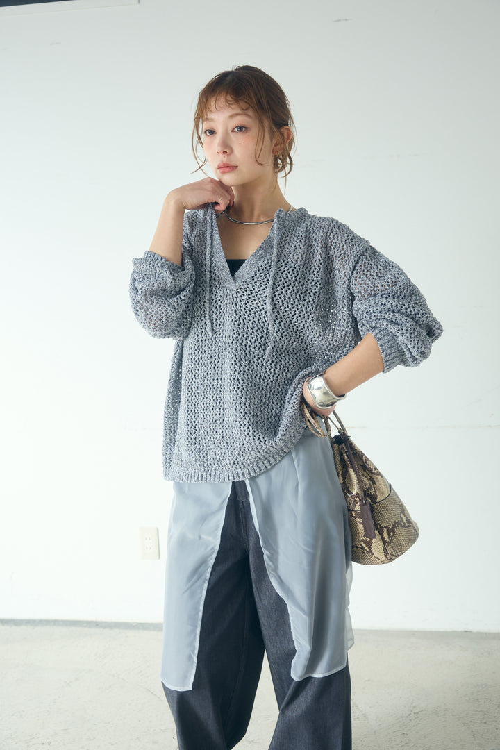 [SET]ミックスメッシュキーネックプルオーバー+シアーチュールレイヤードワイドパンツ(2set)