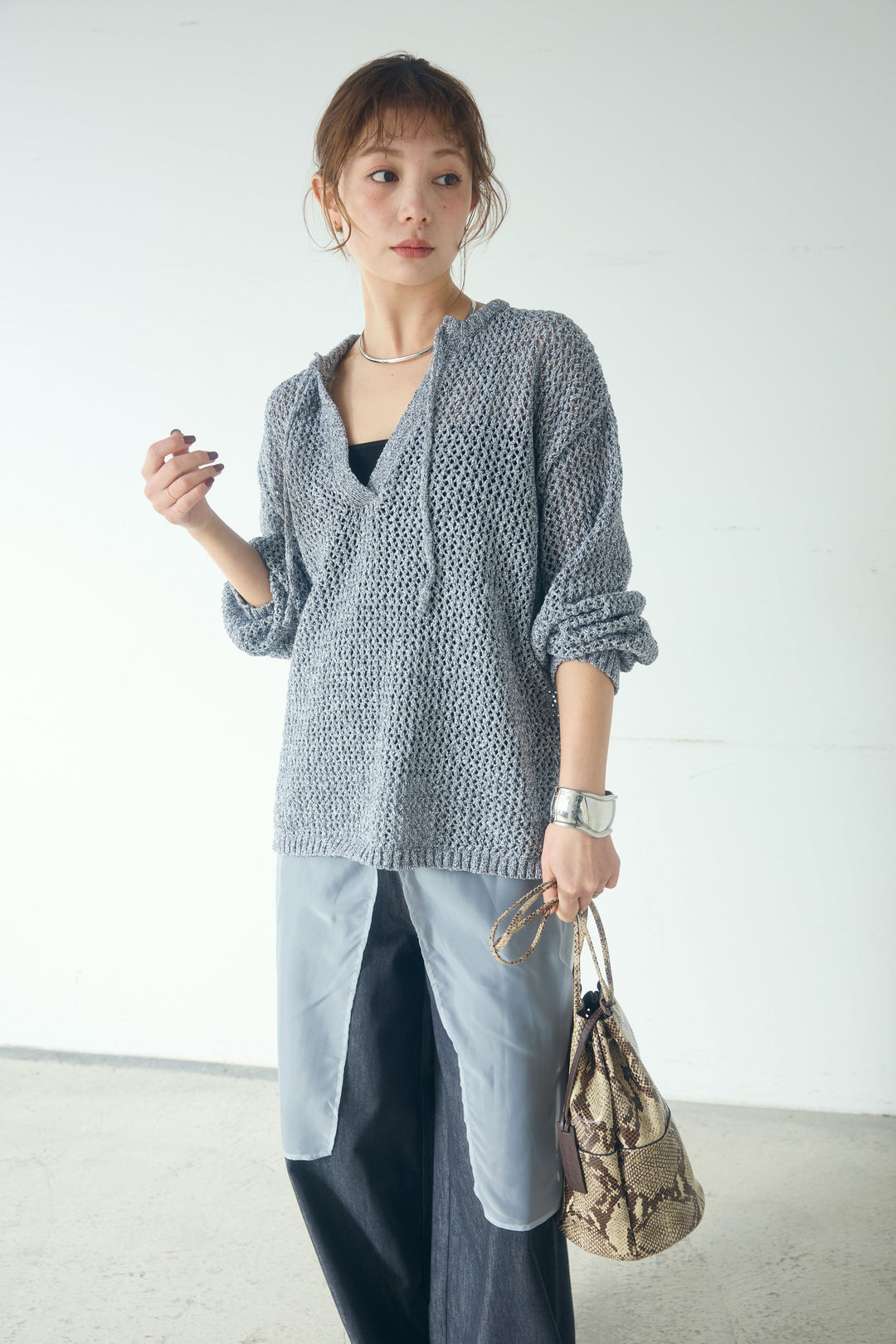 [SET]ミックスメッシュキーネックプルオーバー+シアーチュールレイヤードワイドパンツ(2set)