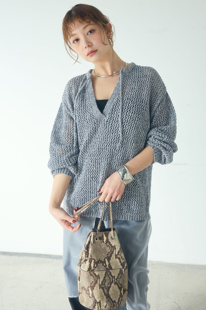 [SET]ミックスメッシュキーネックプルオーバー+シアーチュールレイヤードワイドパンツ(2set)