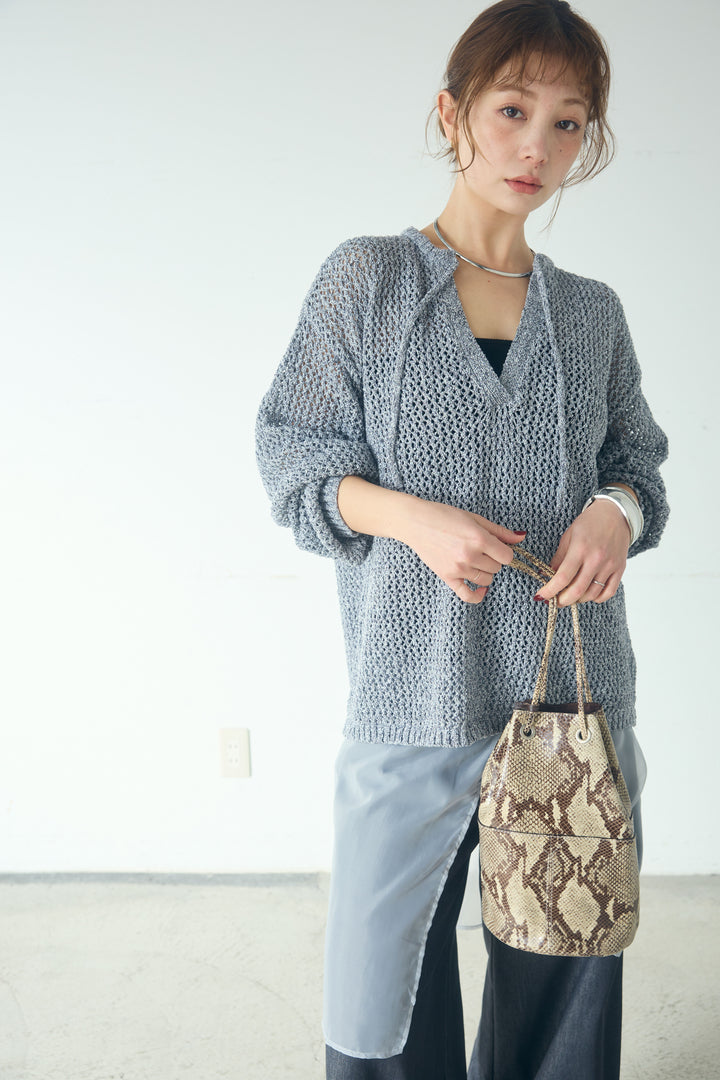 [SET]ミックスメッシュキーネックプルオーバー+シアーチュールレイヤードワイドパンツ(2set)