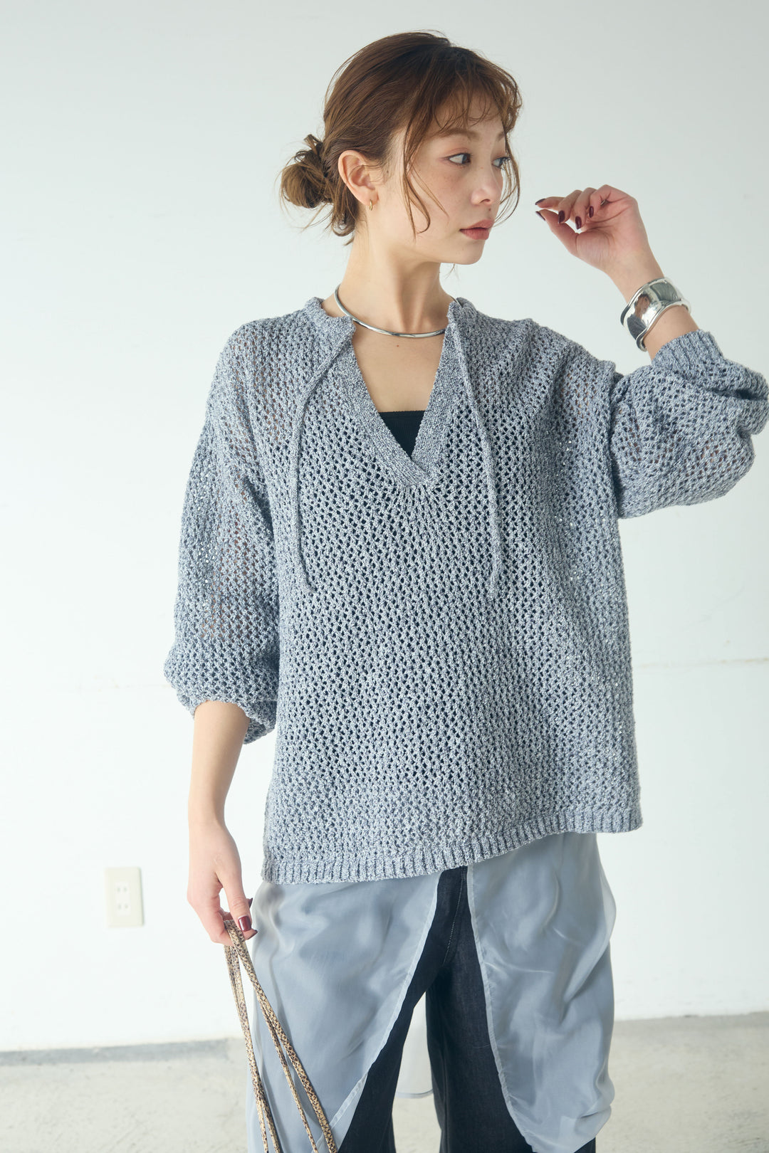 [SET]ミックスメッシュキーネックプルオーバー+シアーチュールレイヤードワイドパンツ(2set)