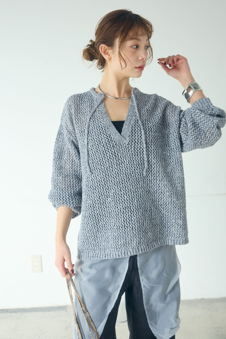 [SET]ミックスメッシュキーネックプルオーバー+シアーチュールレイヤードワイドパンツ(2set)