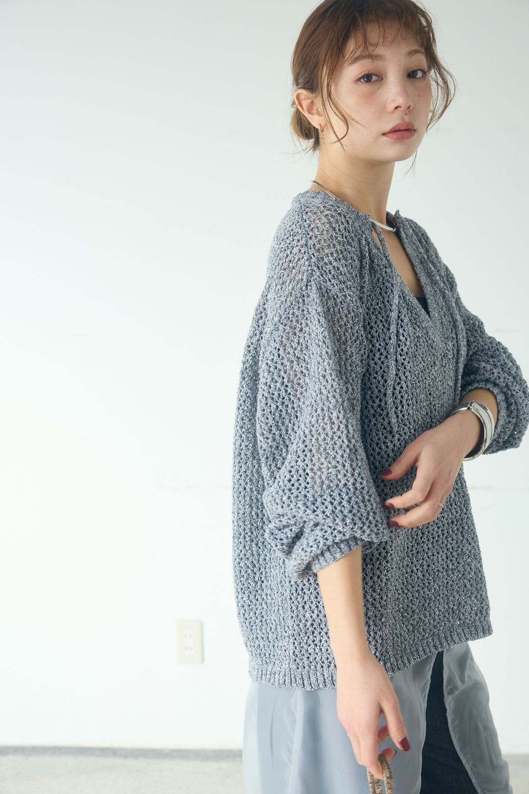 [SET]ミックスメッシュキーネックプルオーバー+シアーチュールレイヤードワイドパンツ(2set)