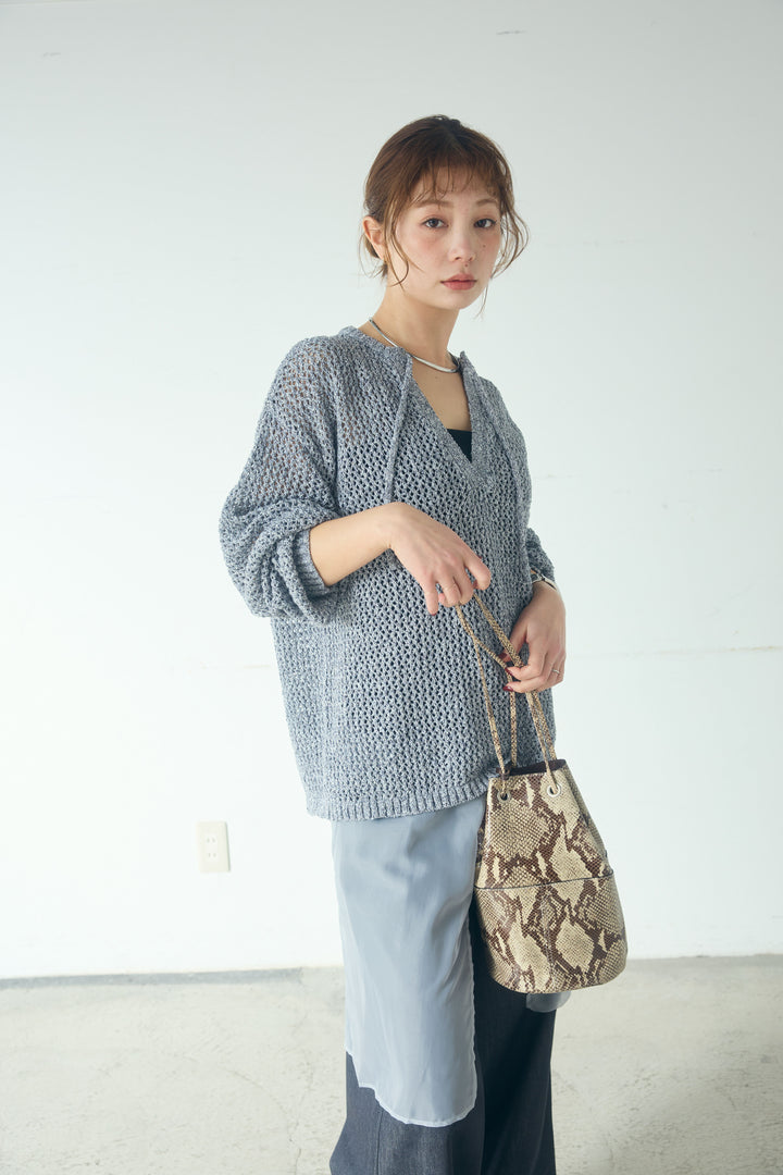 [SET]ミックスメッシュキーネックプルオーバー+シアーチュールレイヤードワイドパンツ(2set)