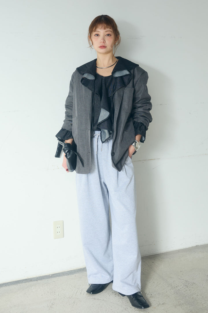 [SET]リネンライクテーラードジャケット+デニムフリルブラウス(2set)