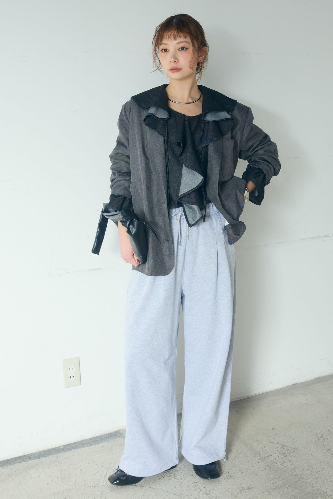 [SET]リネンライクテーラードジャケット+デニムフリルブラウス(2set)