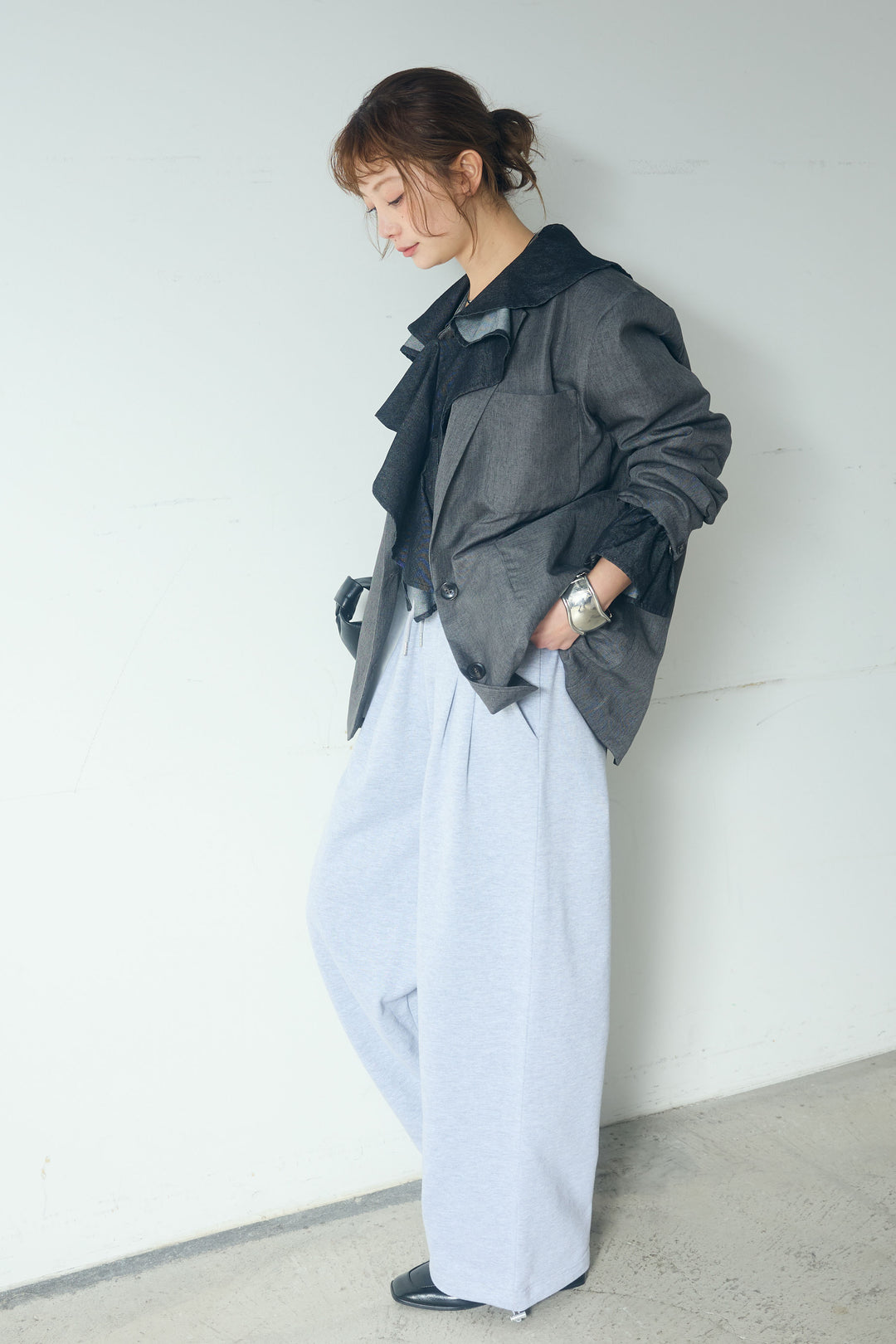 [SET]リネンライクテーラードジャケット+デニムフリルブラウス(2set)