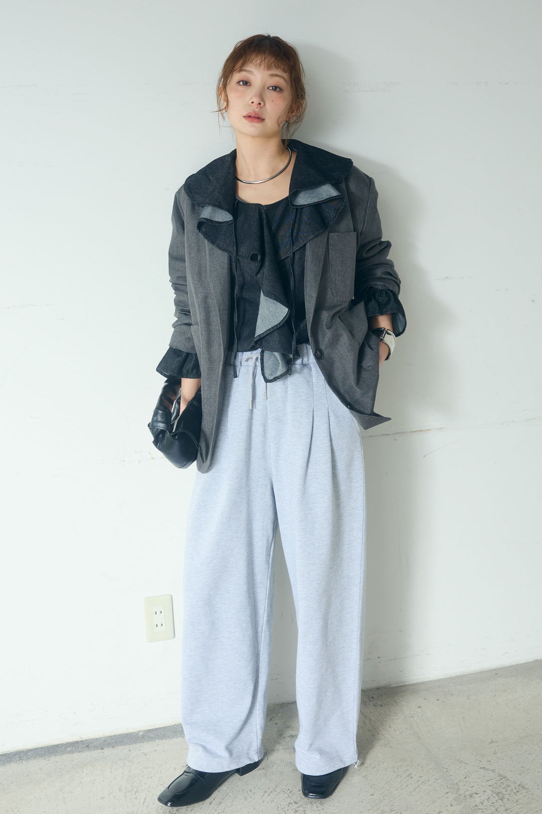 [SET]リネンライクテーラードジャケット+デニムフリルブラウス(2set)