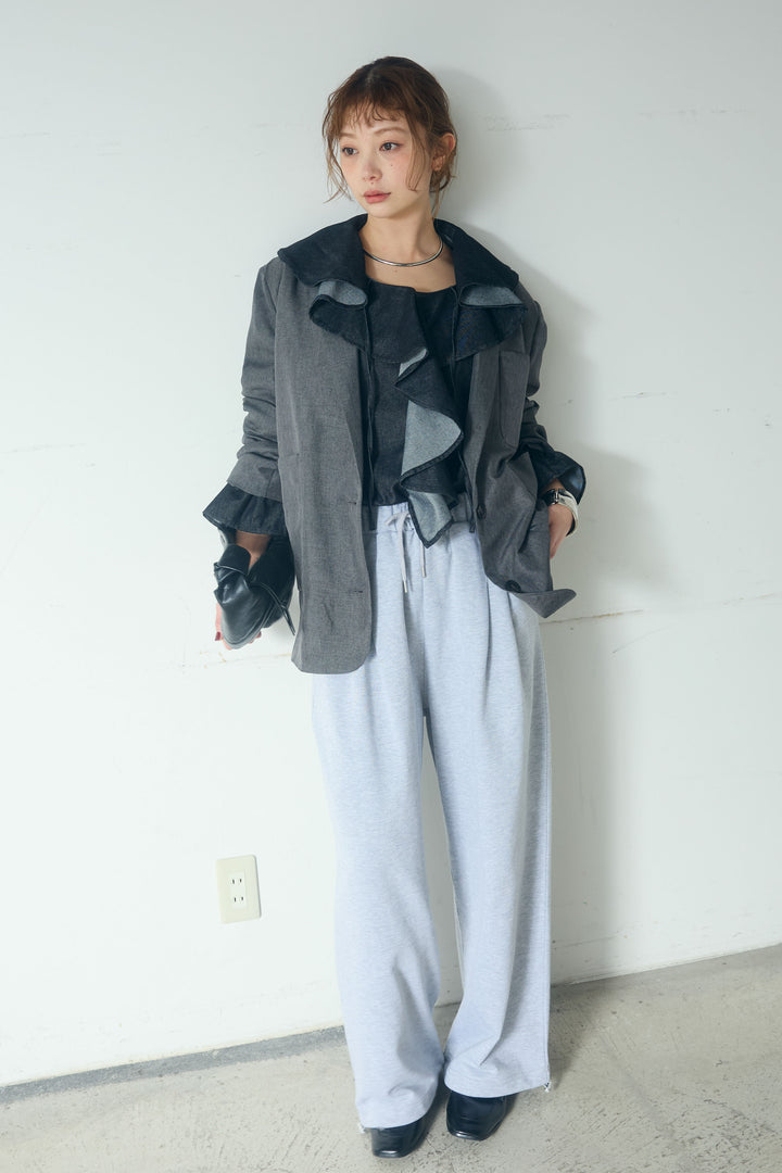 [SET]リネンライクテーラードジャケット+デニムフリルブラウス(2set)