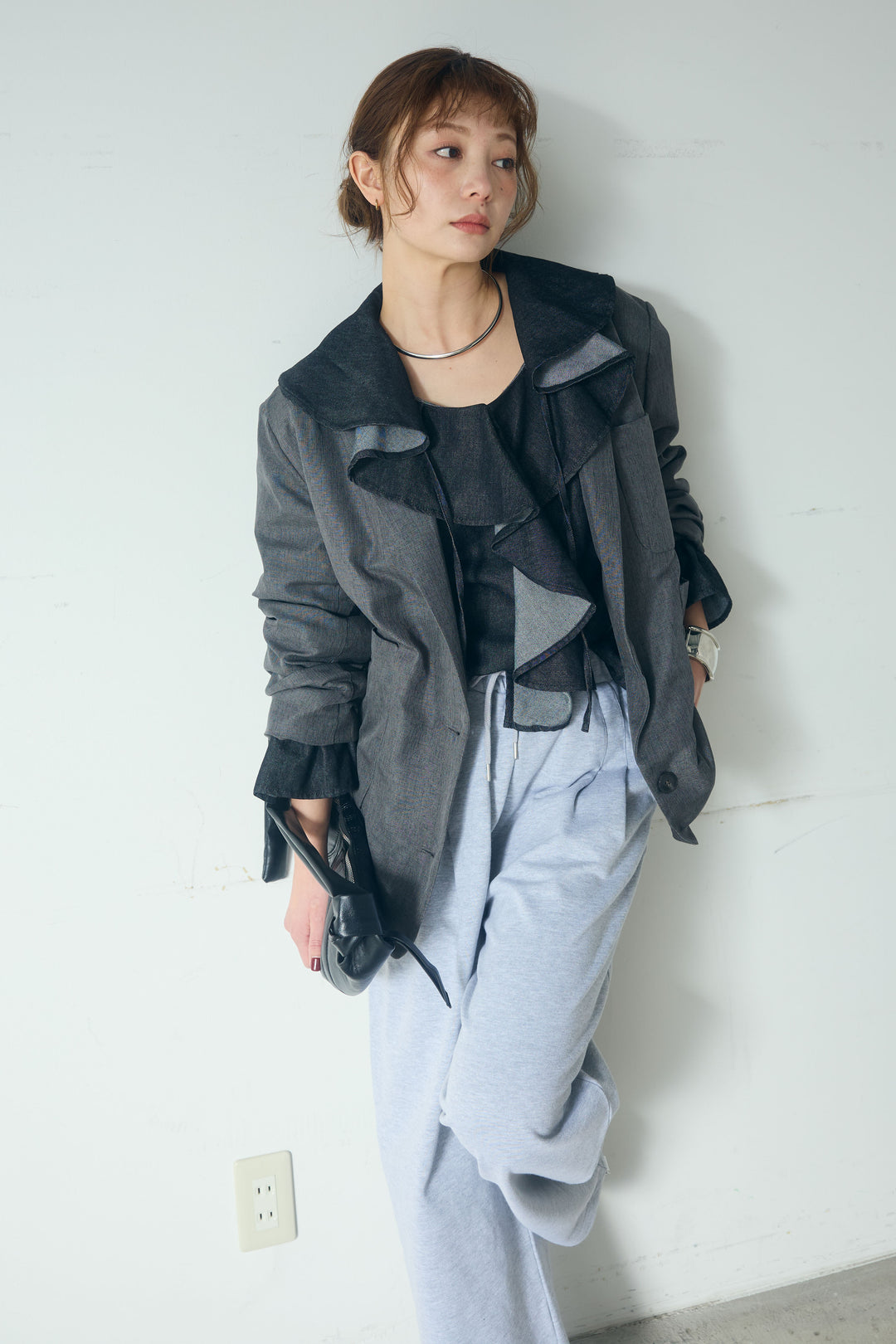 [SET]リネンライクテーラードジャケット+デニムフリルブラウス(2set)