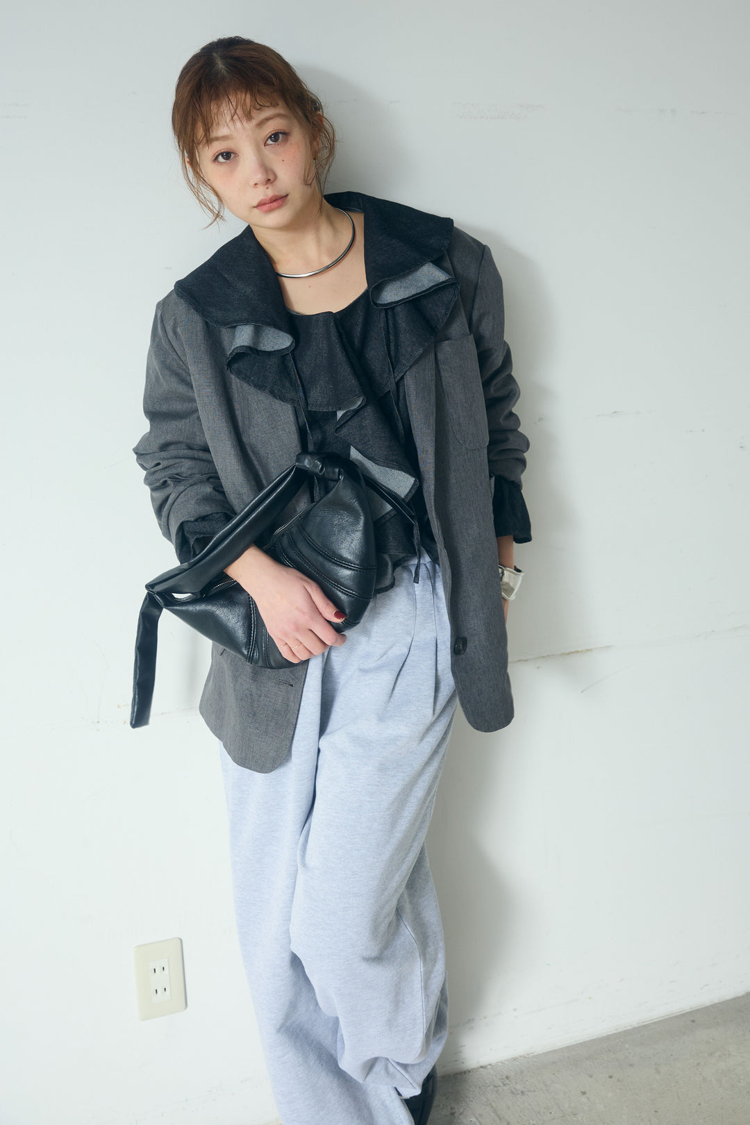 [SET]リネンライクテーラードジャケット+デニムフリルブラウス(2set)