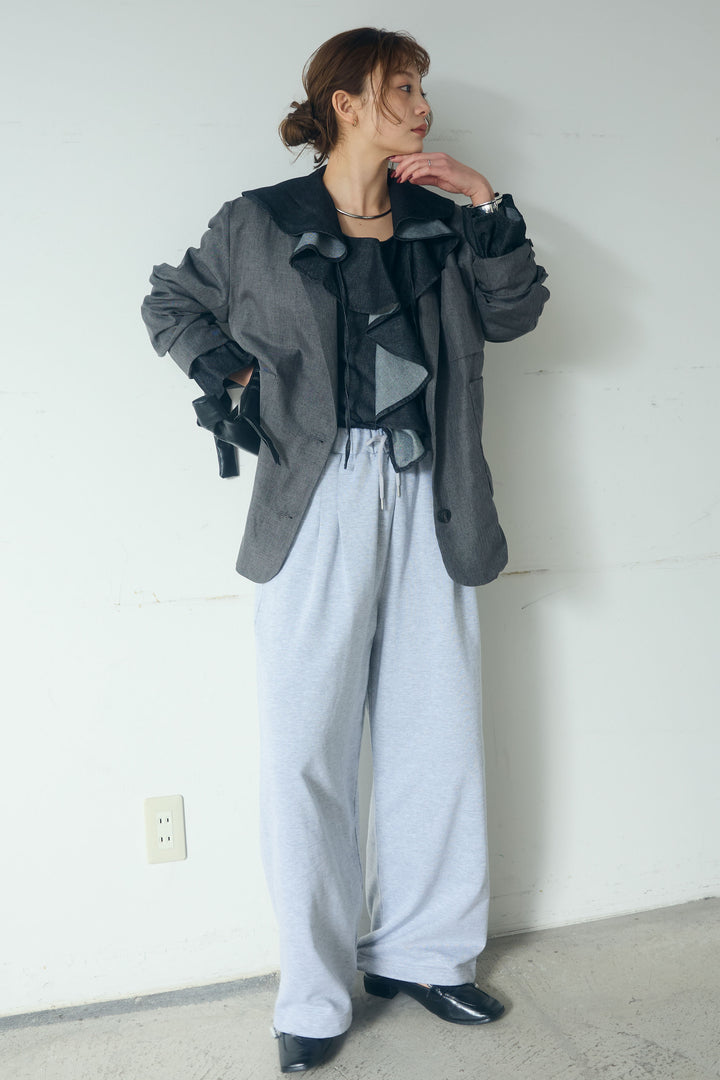 [SET]リネンライクテーラードジャケット+デニムフリルブラウス(2set)