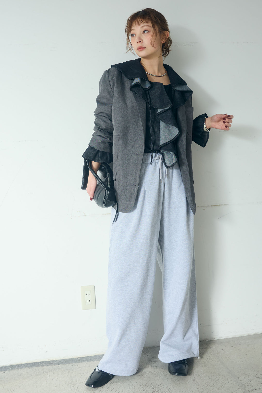 [SET]リネンライクテーラードジャケット+デニムフリルブラウス(2set)