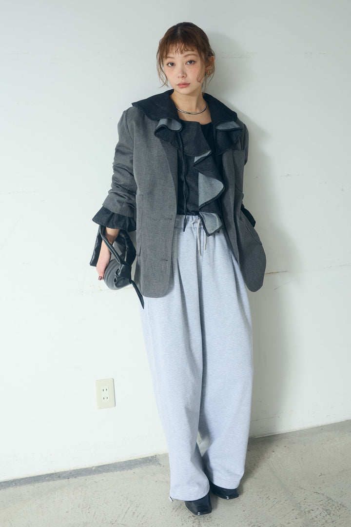[SET]リネンライクテーラードジャケット+デニムフリルブラウス(2set)
