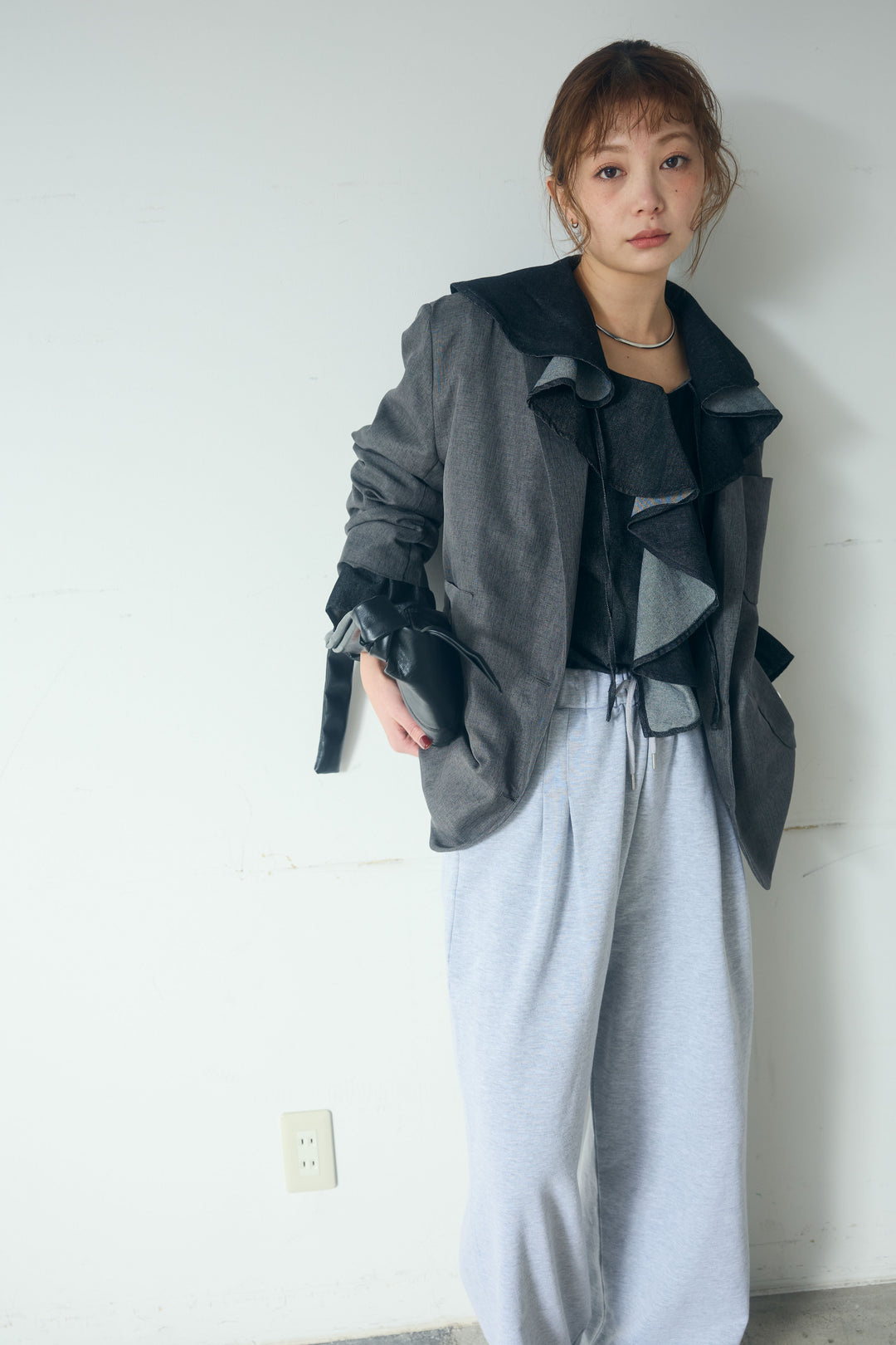 [SET]リネンライクテーラードジャケット+デニムフリルブラウス(2set)