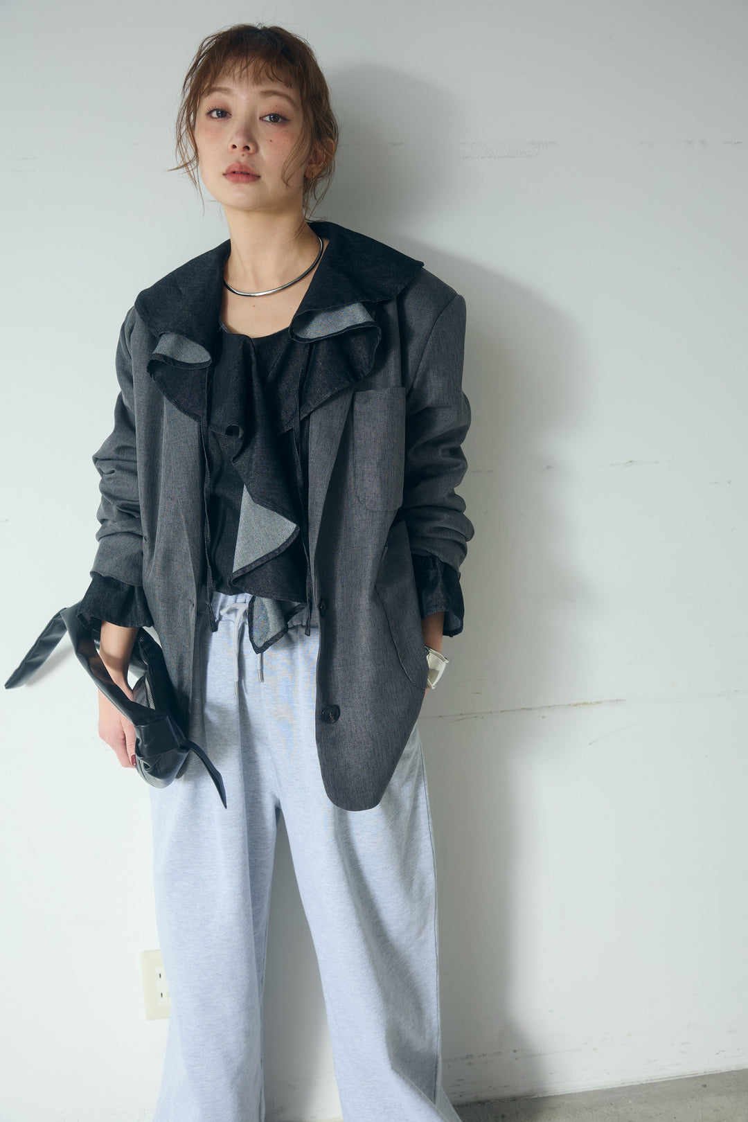 [SET]リネンライクテーラードジャケット+デニムフリルブラウス(2set)