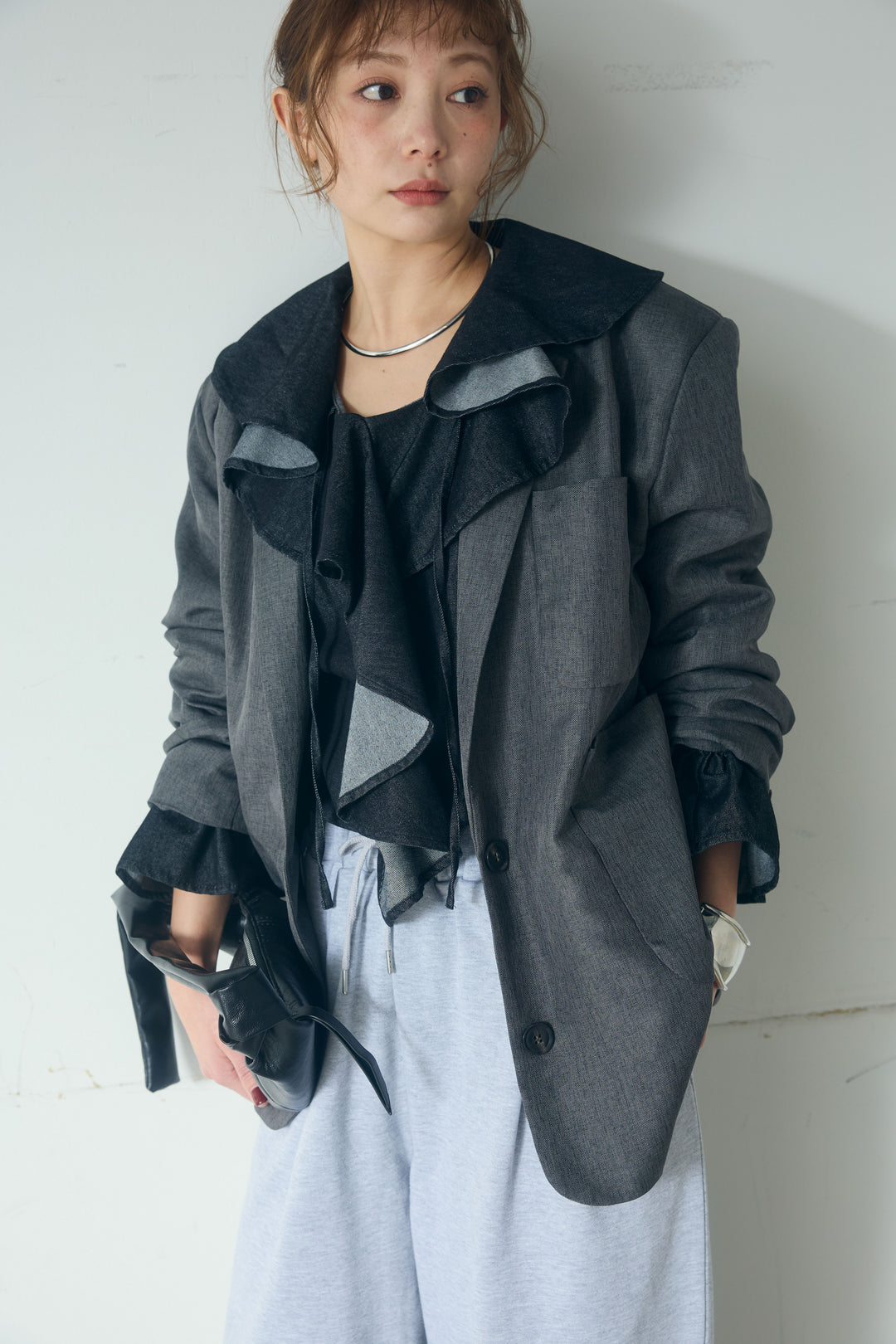 [SET]リネンライクテーラードジャケット+デニムフリルブラウス(2set)