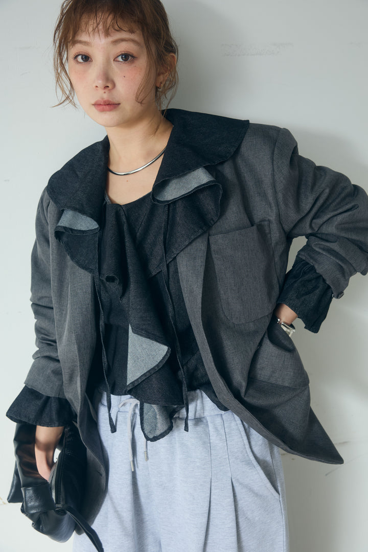 [SET]リネンライクテーラードジャケット+デニムフリルブラウス(2set)