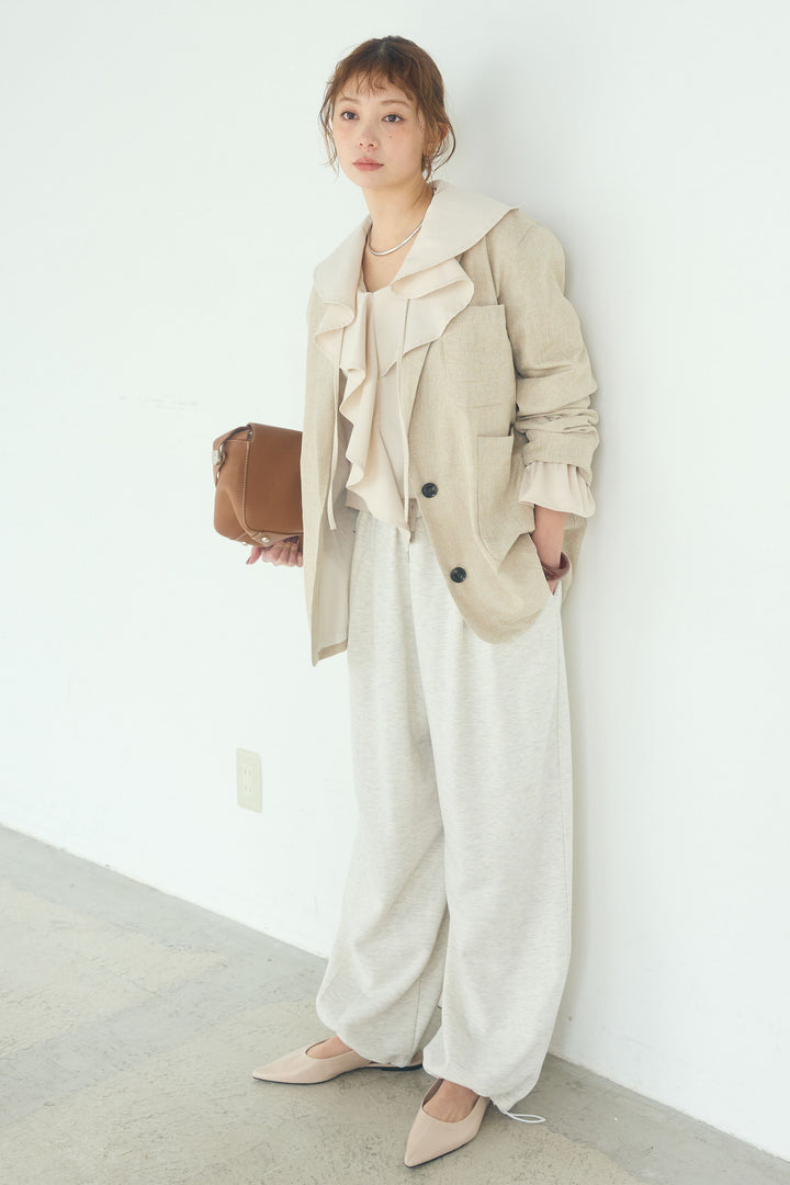 [SET]リネンライクテーラードジャケット+デニムフリルブラウス(2set)