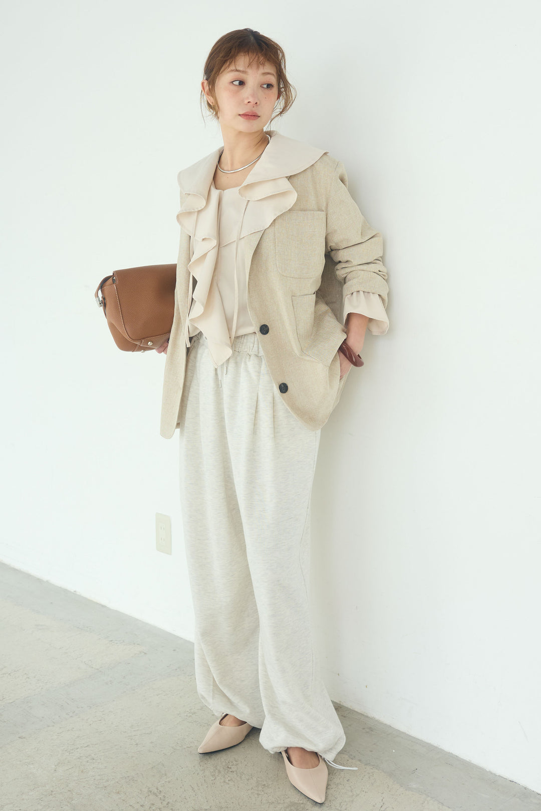 [SET]リネンライクテーラードジャケット+デニムフリルブラウス(2set)