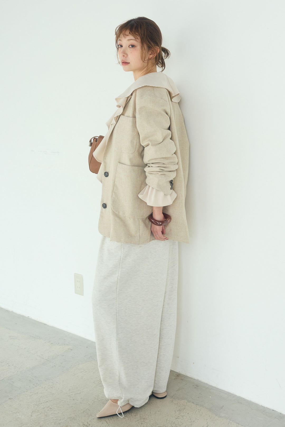 [SET]リネンライクテーラードジャケット+デニムフリルブラウス(2set)