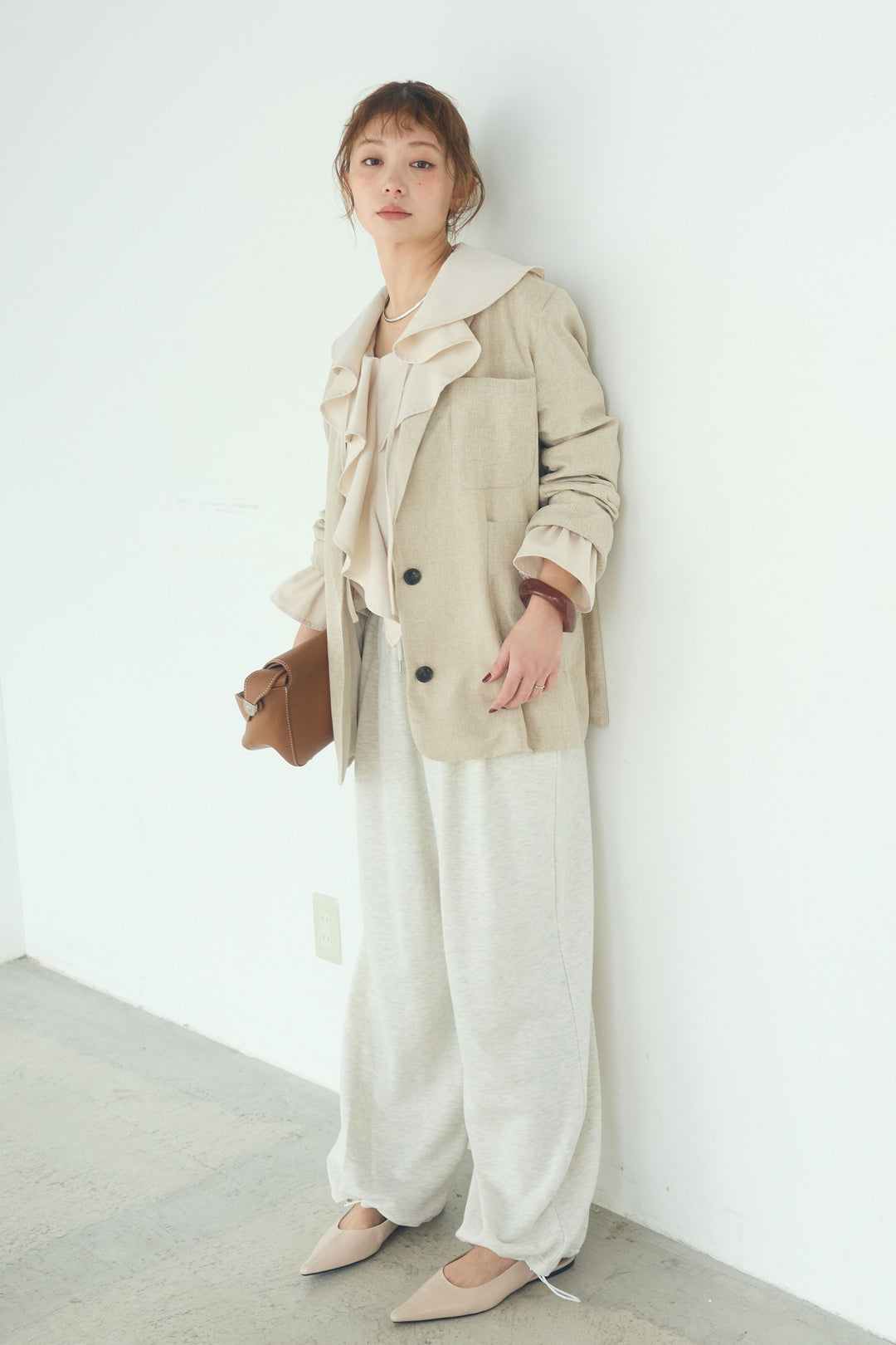 [SET]リネンライクテーラードジャケット+デニムフリルブラウス(2set)