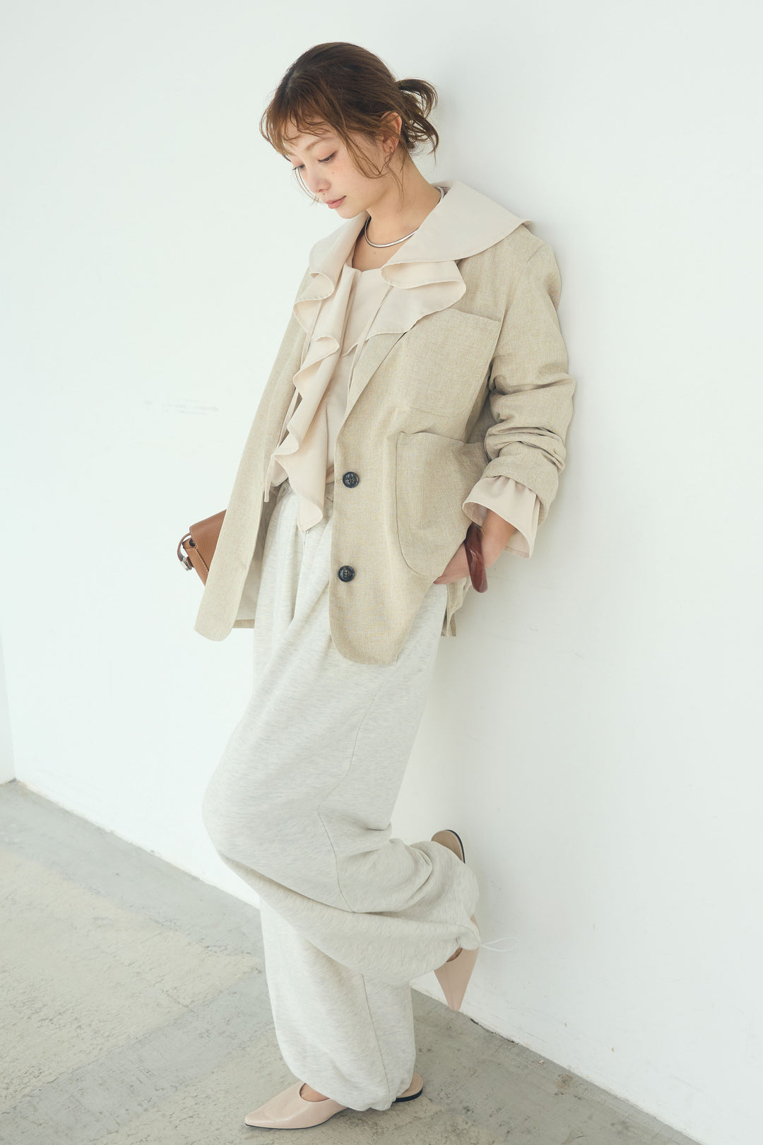 [SET]リネンライクテーラードジャケット+デニムフリルブラウス(2set)