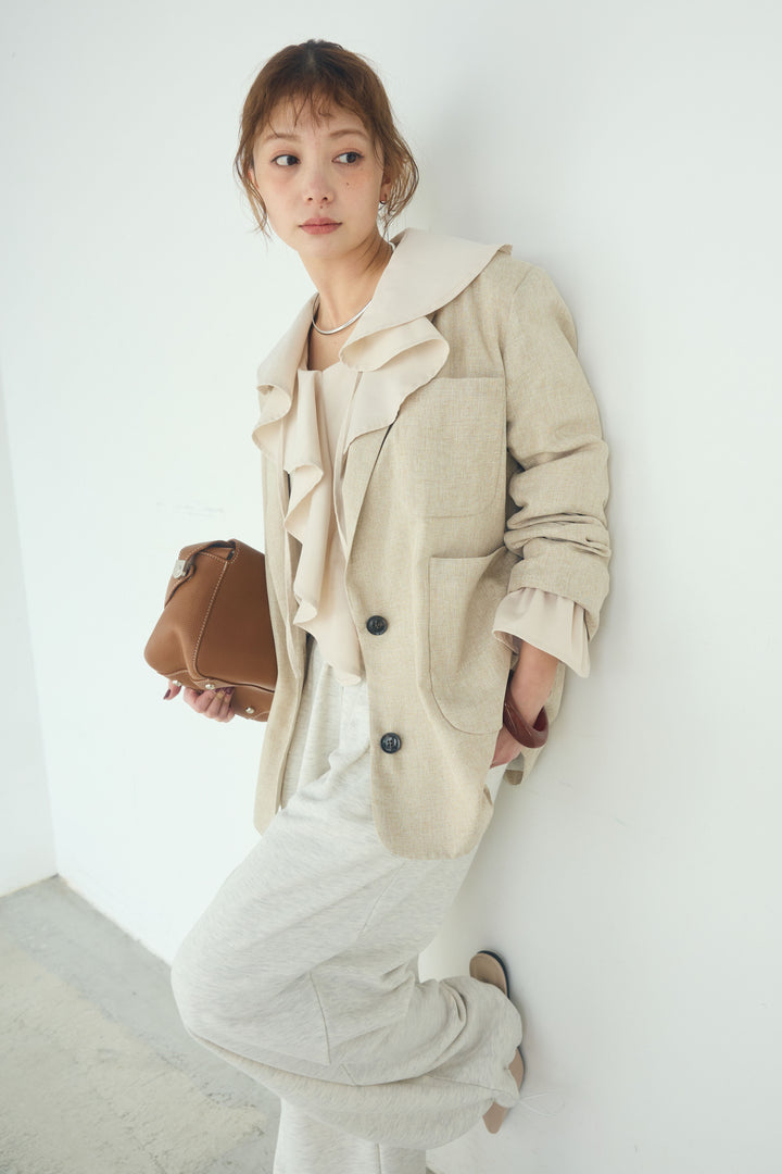 [SET]リネンライクテーラードジャケット+デニムフリルブラウス(2set)