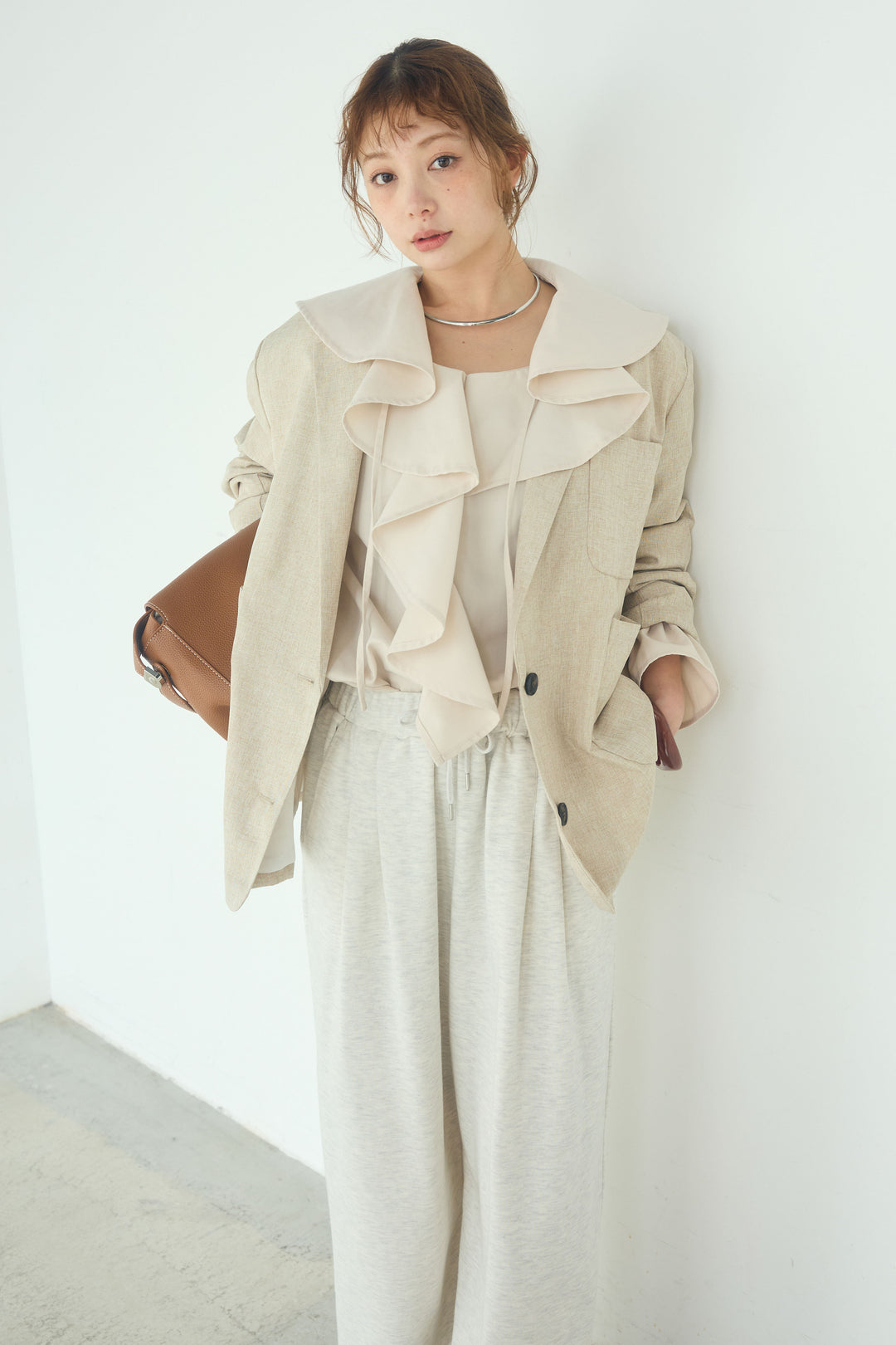 [SET]リネンライクテーラードジャケット+デニムフリルブラウス(2set)